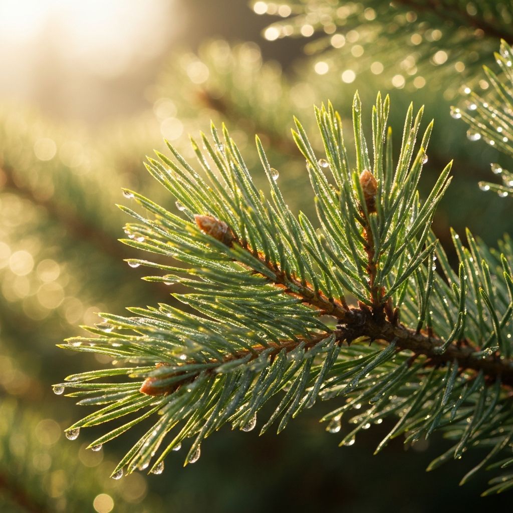 Pine needles with morning dew